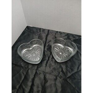 ​2 Pc Heart Shaped Clear Pressed Glass Dishes Sunburst Fluted Candy Nut Bowl Set